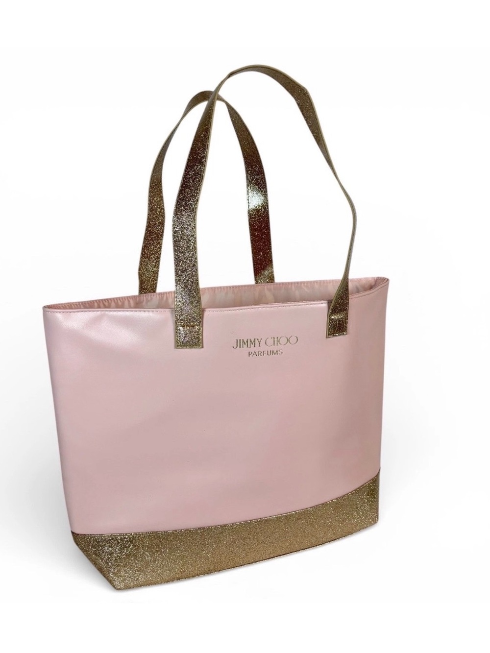 Jimmy Choo Parfum Tote Bag Pink & Gold Glitter Large Shoulder Bag Faux Leather